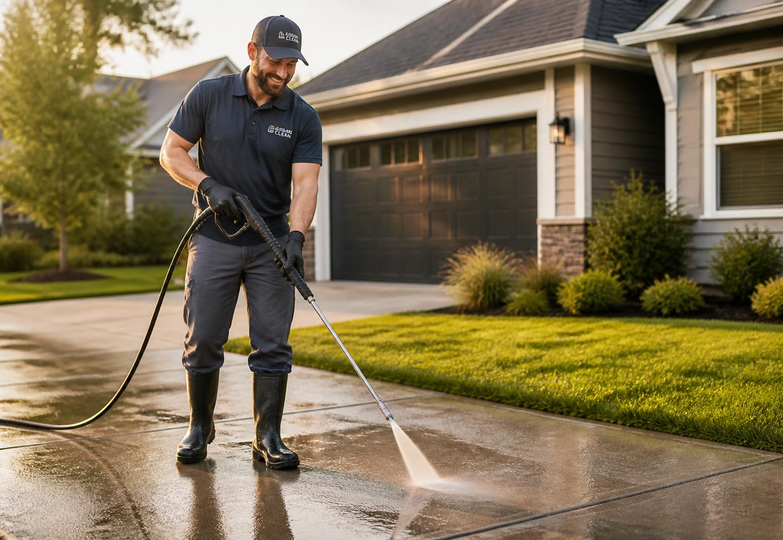 A pressure washing technician cleaning a suburban home driveway